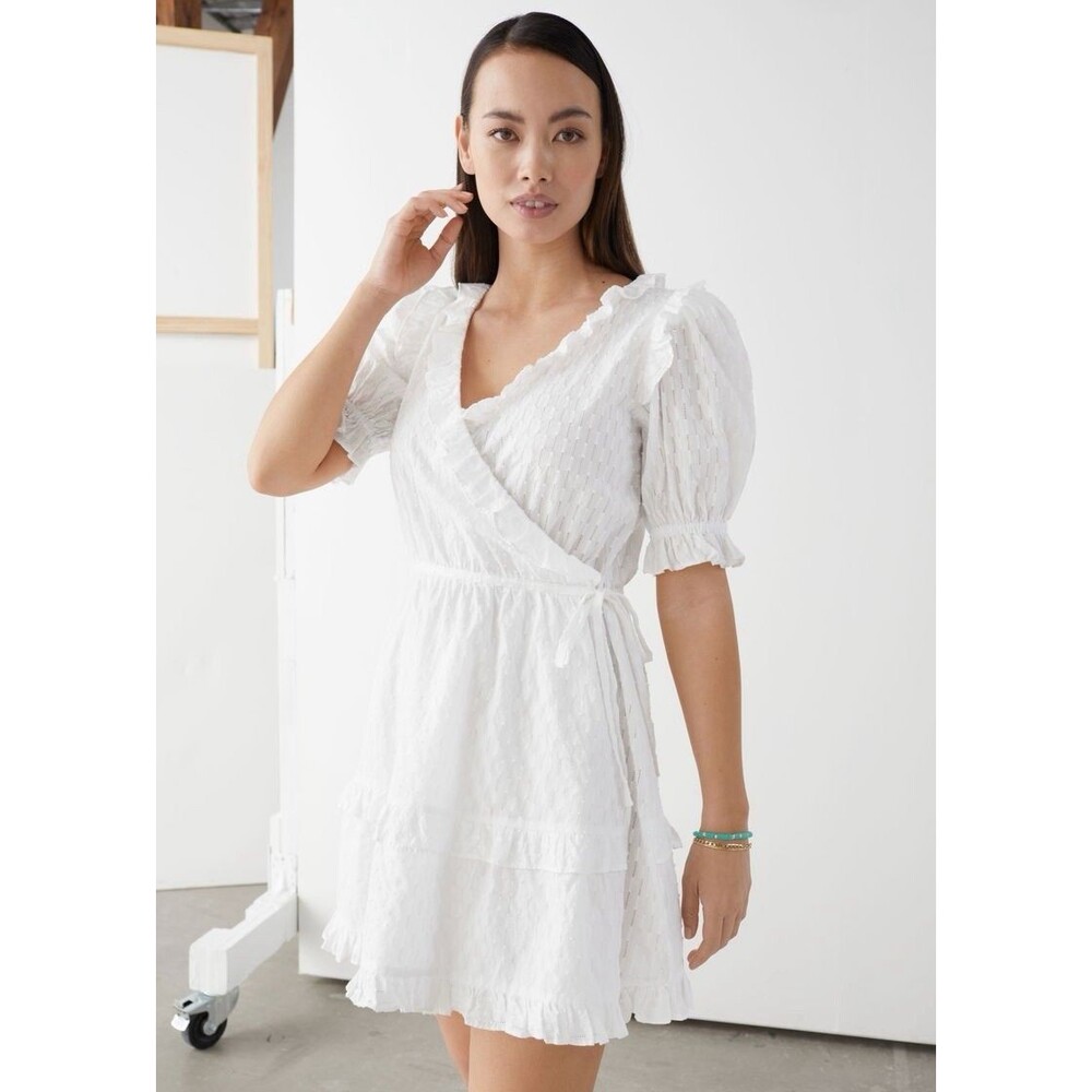 New & Other Stories PARIS ATELIER White Textured Eyelet Ruffle Wrap Mini Dress 6